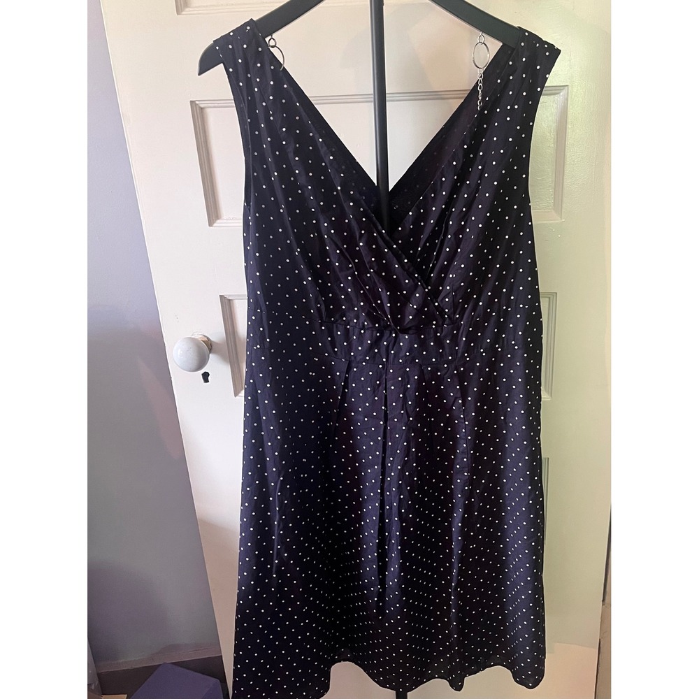 Lands' End Dress Womens 18 Navy White Polka Dot Fit Flare Surplice Cotton